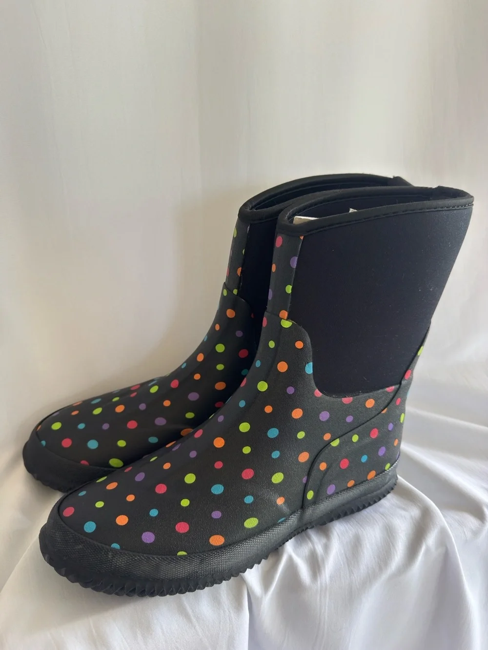 Western Chief Neoprene Waterproof Rain Boots in Black with Polka Dots W8
